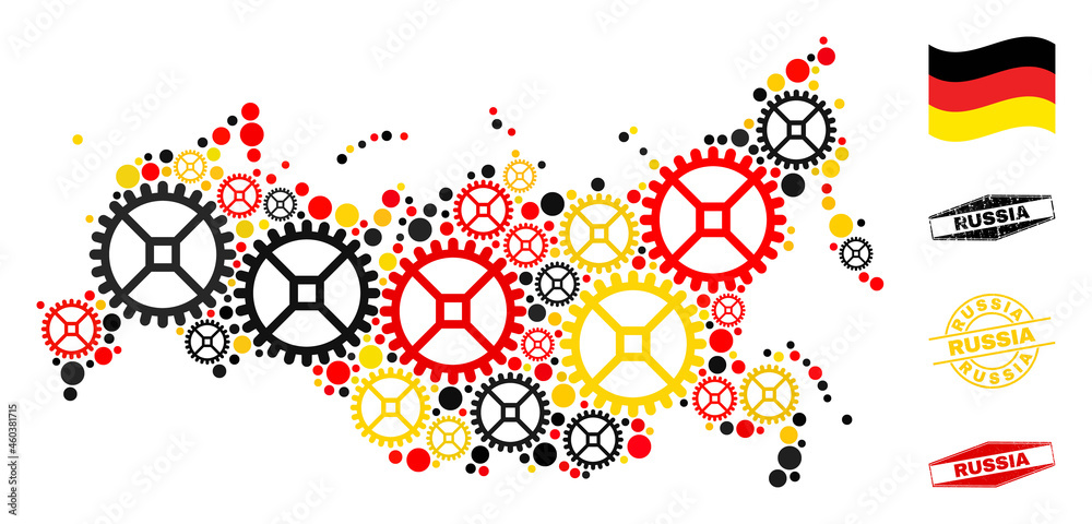 Repair service Russia map collage and seals. Vector collage is composed with repair service icons in different sizes, and German flag official colors - red, yellow, black. Repair service Russia map collage and seals. Vector collage is composed with repair service icons in different sizes, and German flag official colors - red, yellow, black.