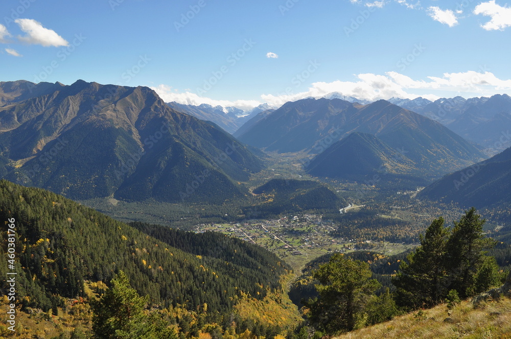 Obraz premium View of the mountains and the village of Arkhyz 