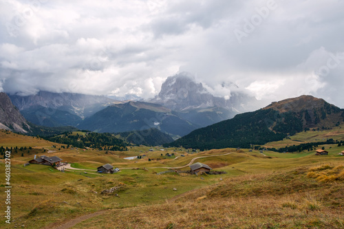 Beautiful panorama of Mount Seceda and Odle, surrounded by magnificent mountain ranges near the town of Ortisei in the Dolomites, Val Gardena, South Tyrol