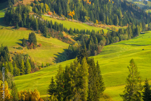 Typical hilly mountain landscape in the Dolomites with beautiful autumn colors on morning near the town of Cortina d’Ampezzo