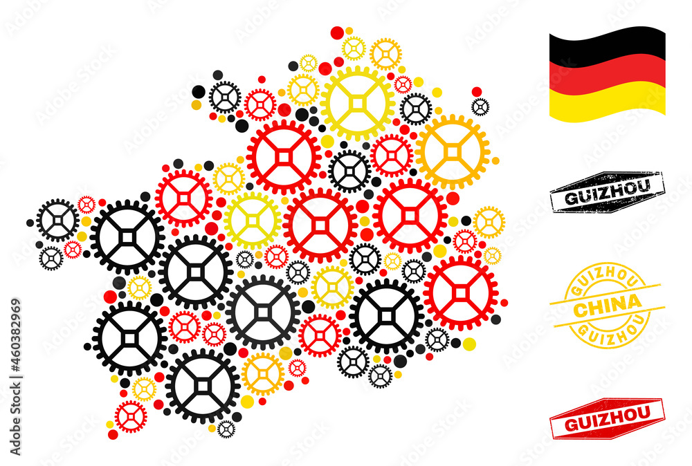 Workshop Guizhou Province map composition and stamps. Vector collage formed of repair workshop icons in various sizes, and German flag official colors - red, yellow, black.