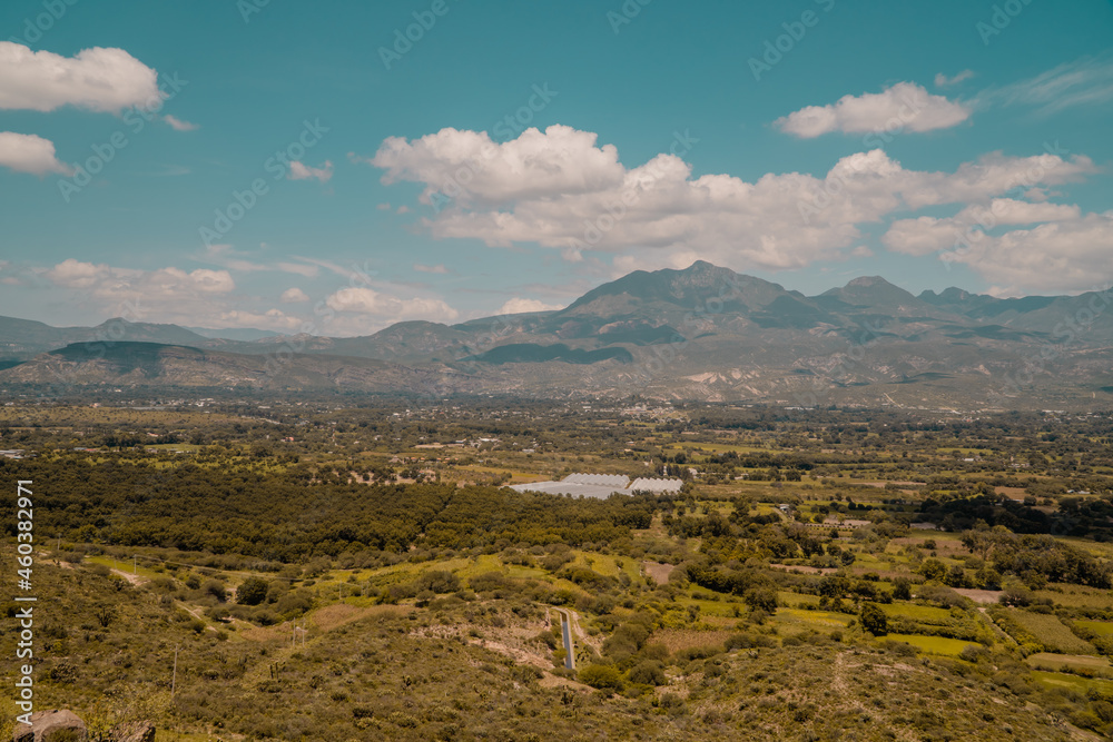 Sunset Panorama view landscapes of Hidalgo, Mexico with cactus, green plains,  and mountains near Tasquillo