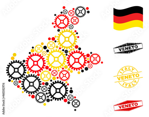 Gear Veneto region map collage and seals. Vector collage is composed with repair workshop icons in different sizes  and German flag official colors - red  yellow  black.