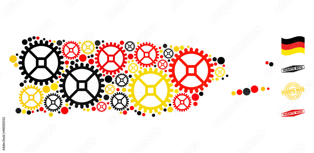 Service Puerto Rico map composition and seals. Vector collage designed from wheel items in variable sizes, and German flag official colors - red, yellow, black. Service Puerto Rico map composition and seals. Vector collage designed from wheel items in variable sizes, and German flag official colors - red, yellow, black.