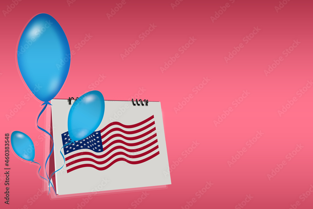 Obraz premium Desk calendar with USA flag and balloons. Concept: Holiday in USA - Independence Day United States