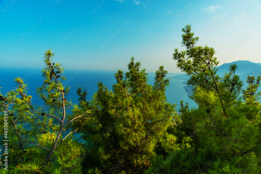 ANTALYA, TURKEY: Landscape with trees and a view of the Mediterranean Sea