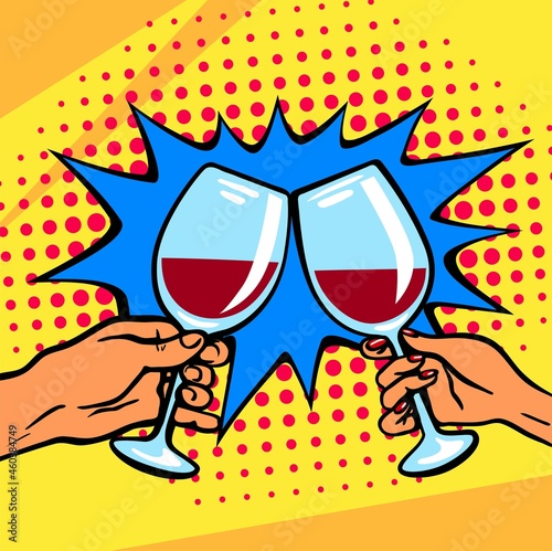 Canvas Print vector illustration with glasses of wine in hands in pop art style