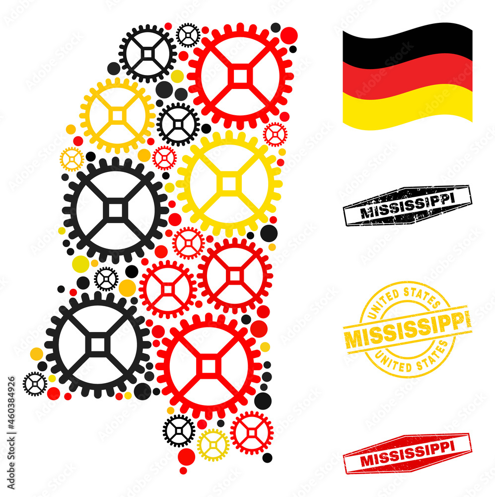 Service Mississippi State map collage and stamps. Vector collage formed with service icons in various sizes, and German flag official colors - red, yellow, black. Service Mississippi State map collage and stamps. Vector collage formed with service icons in various sizes, and German flag official colors - red, yellow, black.