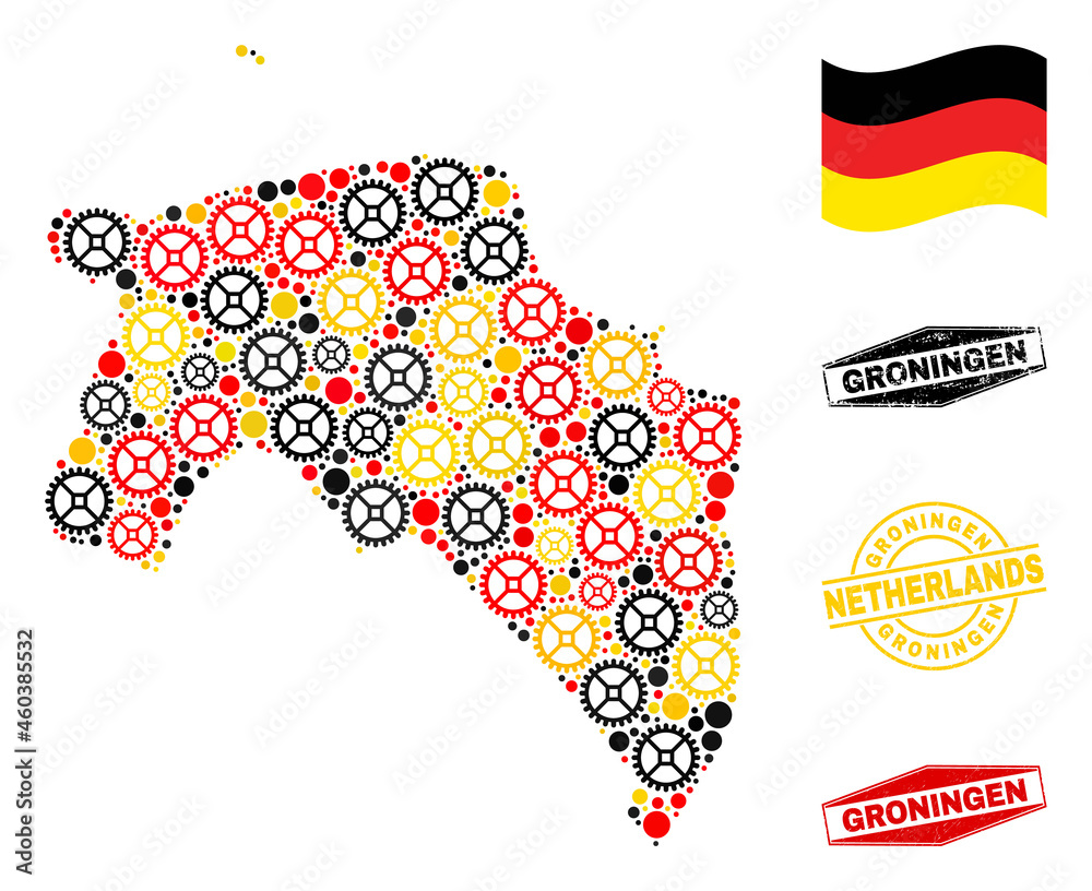 Workshop Groningen Province map collage and stamps. Vector collage is composed of workshop elements in variable sizes, and German flag official colors - red, yellow, black. Workshop Groningen Province map collage and stamps. Vector collage is composed of workshop elements in variable sizes, and German flag official colors - red, yellow, black.