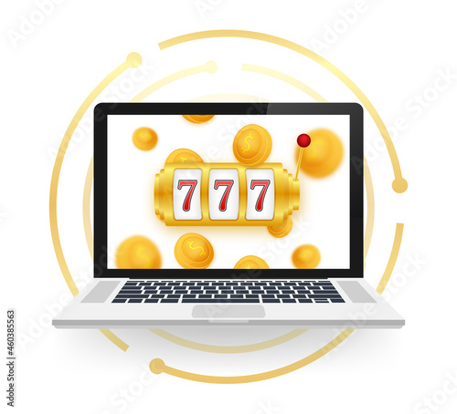 Retro banner for game background design. Winner banner. Slot machine with lucky sevens jackpot. Vector stock illustration.