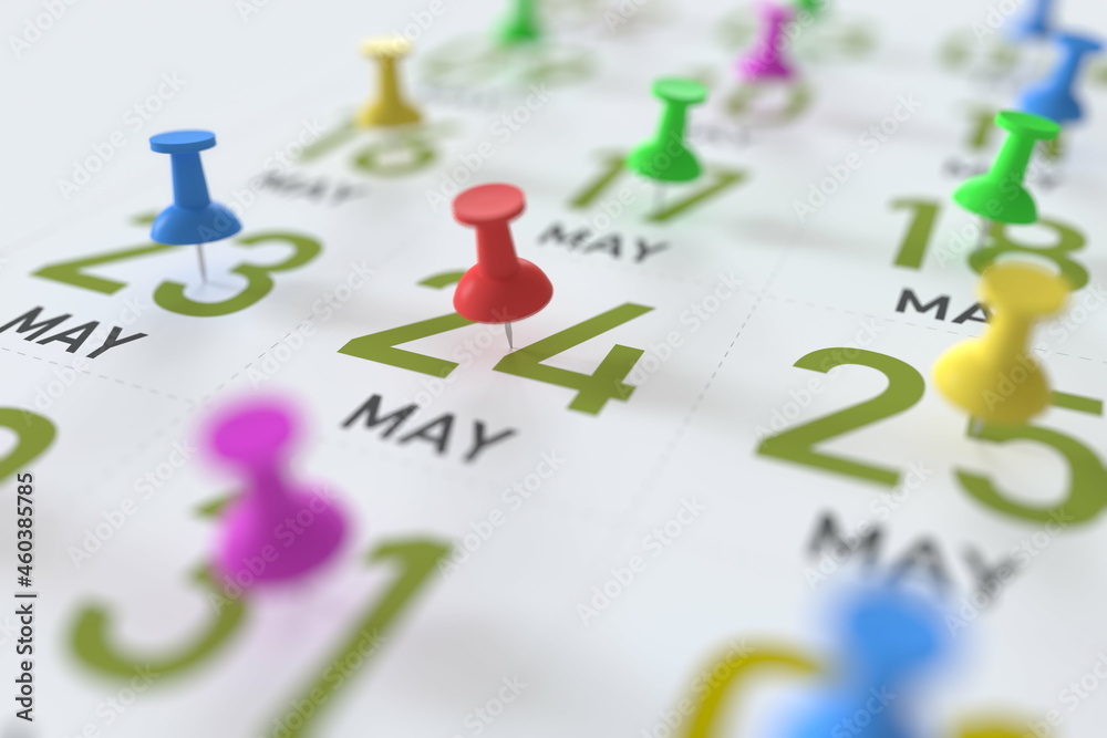 May 24 date and push pin on a calendar, 3D rendering May 24 date and push pin on a calendar, 3D rendering
