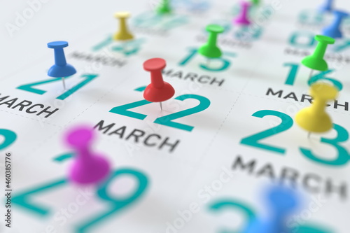 March 22 date and push pin on a calendar, 3D rendering