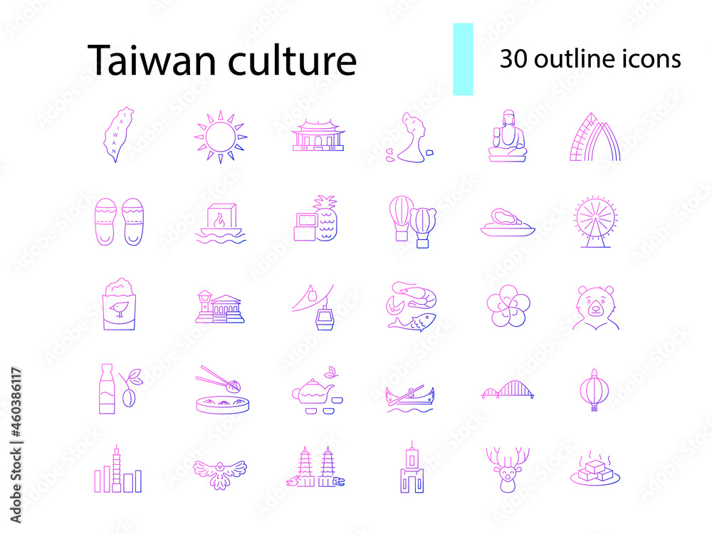 Oriental culture of Taiwan outline icons set. Taiwanese attractions. Purple symbol. Isolated vector illustration