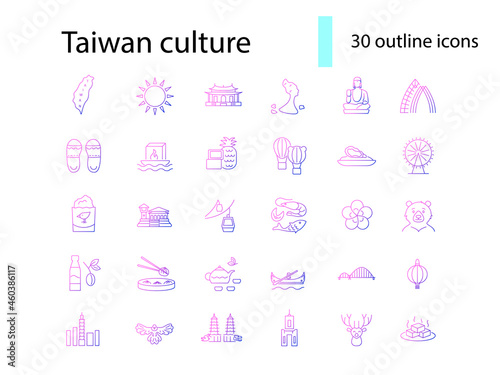 Oriental culture of Taiwan outline icons set. Taiwanese attractions. Purple symbol. Isolated vector illustration