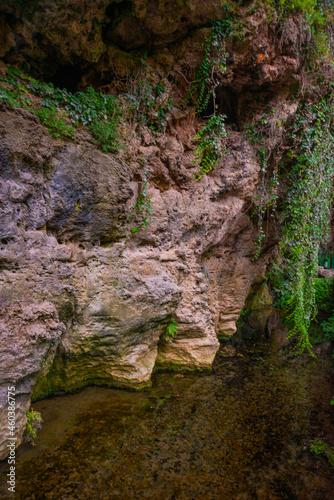 ANTALYA, TURKEY: Rocks with caves in the nature park at the Upper Duden Waterfall in Antalya.