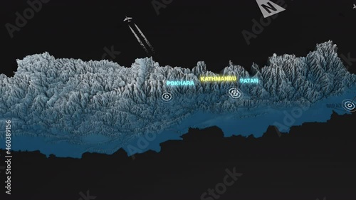 Seamless looping animation of the 3d terrain map at nighttime of Nepal with the capital and the biggest cites in 4K resolution photo