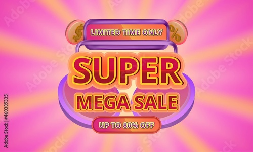 3d super mega sale banner promotion template with editable text in sunburst background