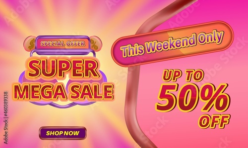 Super mega sale banner promotion template with editable text and 3d square pattern background