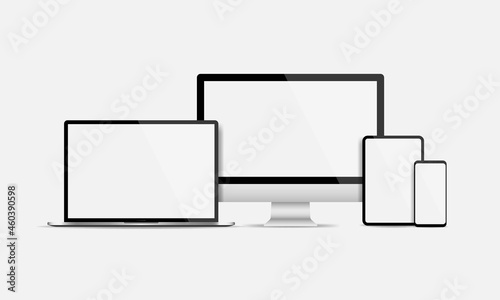 Realistic electronic devices display screen set. Blank screen of Computer, laptop, tablet and smartphone isolated. Vector illustration EPS 10