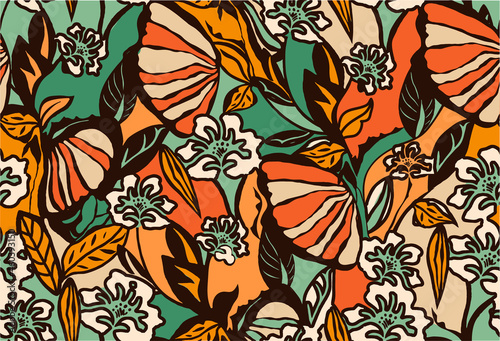 beautiful floral pattern in flat design and intense colors with green background  perfect for fabric and decoration