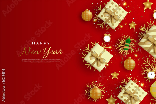 Happy new year with realistic white and gold decoration Premium Vector.