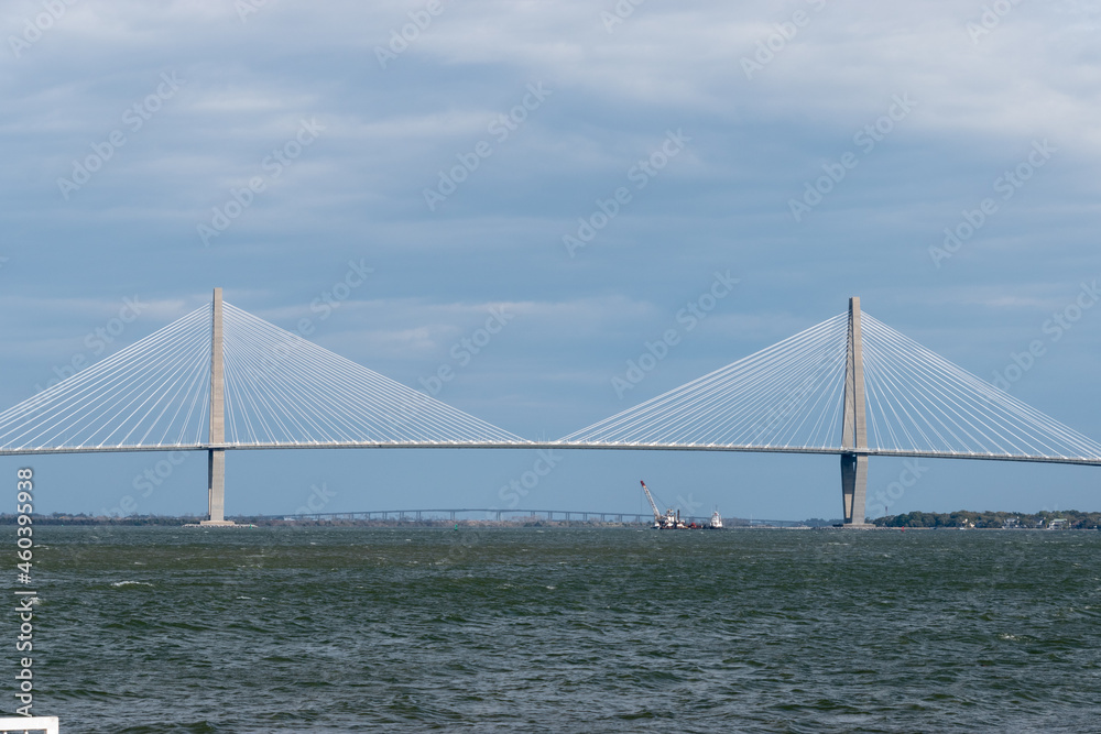 Arthur Ravenel Jr. Bridge taken from the Charleston harbor during a cloudy overcast day Arthur Ravenel Jr. Bridge taken from the Charleston harbor during a cloudy overcast day