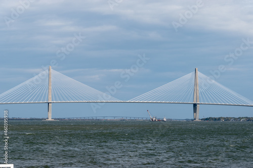 Arthur Ravenel Jr. Bridge taken from the Charleston harbor during a cloudy overcast day