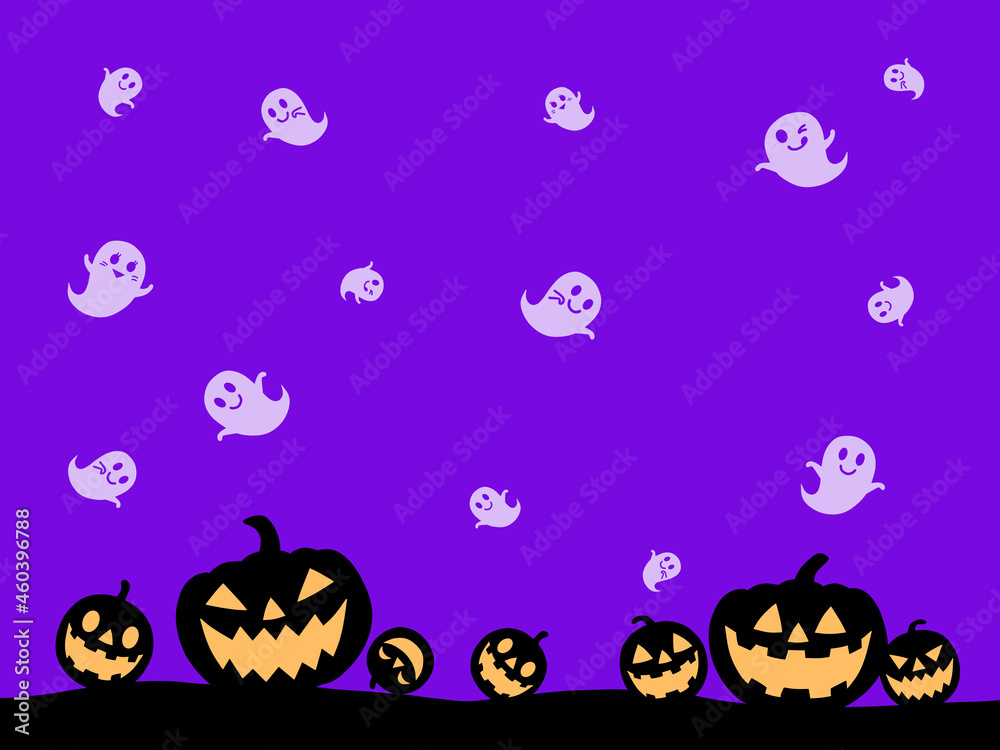 Fototapeta premium 紫色の背景にシルエットのジャックオーランタンとおばけ 
