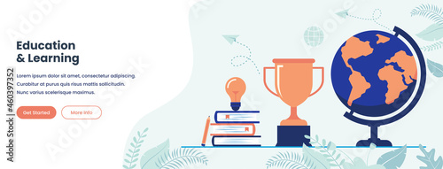 Education and learning banner template. Globe, trophy, books, light bulb, and pencil icon. Vector illustration suitable for many purposes.
