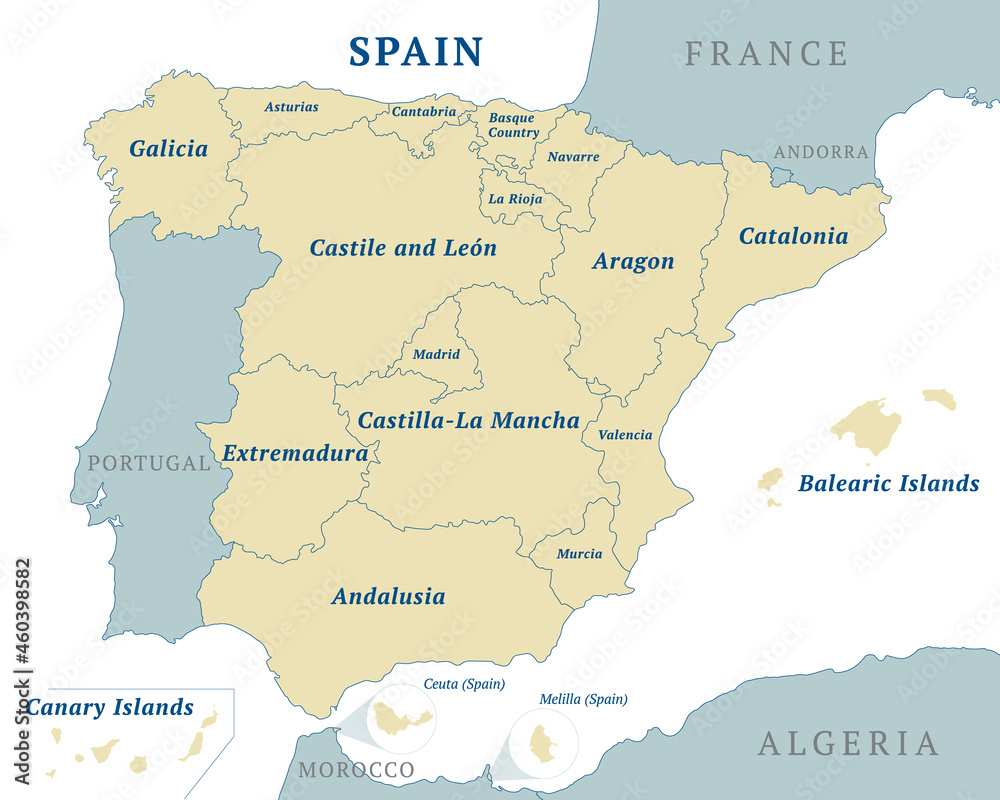 Spain political and administrative map. 17 autonomous communities and two autonomous cities. English labeling.  All isolated on white background. Vector illustration