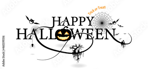 Happy Halloween with pumpkin, spider web, bats, bare tree for greeting cards, posters, banners, flyers, and invitations. 