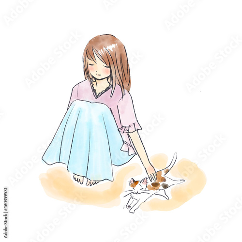 Woman Stroking a Cat, Watercolor Touch