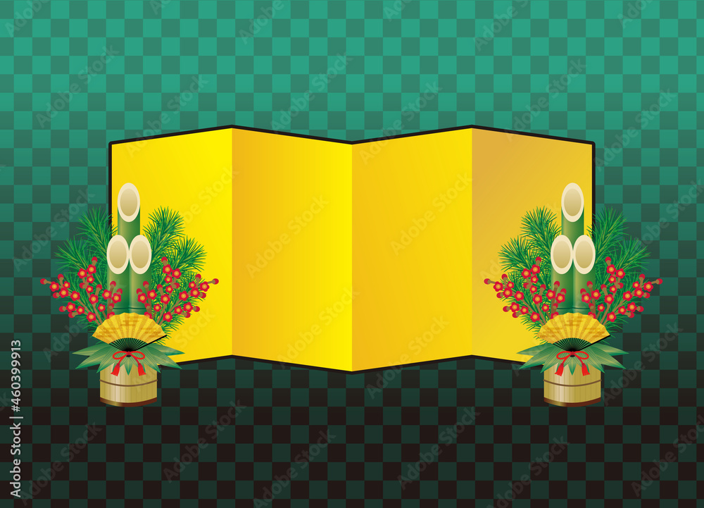 イラスト素材 正月飾りの門松と金屏風 市松模様 緑 黒 コピースペースのある壁紙 Stock Illustration Adobe Stock