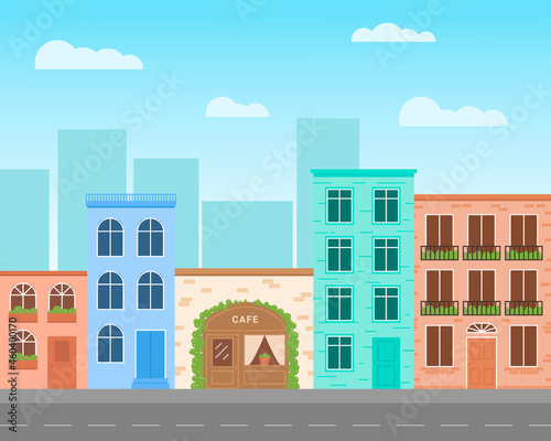 Street colorfool  buildings. City houses view skyline. Modern background. Flat vector illustration. Cityscape without people. Urban greenery. Empty road landscape. Brick walls.