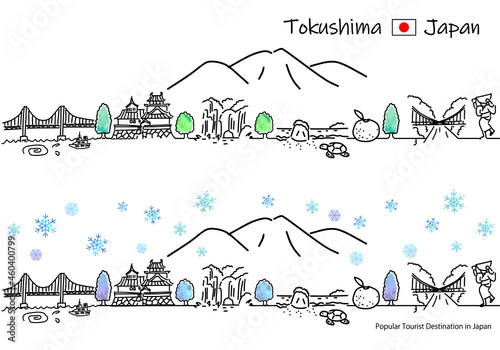 冬の徳島県の観光地の街並みシンプル線画セット