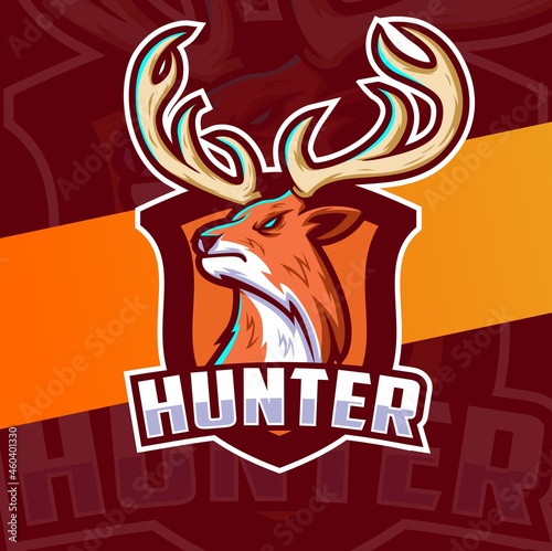 deer hunter mascot character esport logo with shield for gaming and hunting logo concept
