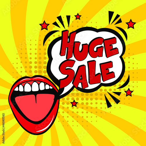 Huge Sale. Comic book explosion with text Huge Sale promotion symbol. Vector bright cartoon illustration in retro pop art style. Advertising Discounts symbol. Announce promotion offer. 