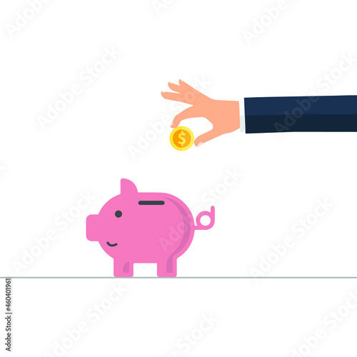 Hand saving coin in to the Piggy bank, flat business and finance cartoons in editable vector 
