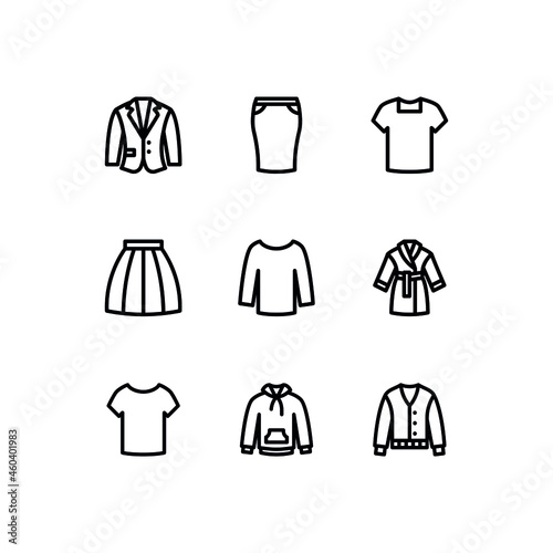 Clothing line icon set. Contains such icons as suit coat  shirt  skirt  bathrobe and cardigan. Simple outline signs for fashion app. Vector illustration.