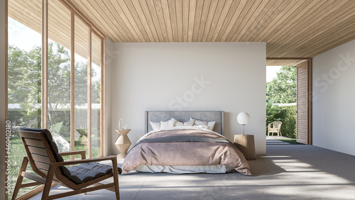 Modern contemporary loft bedroom with open door to garden 3d render The Rooms have concrete tile floors ,wooden plank ceiling,decorate with light gray fabric furniture