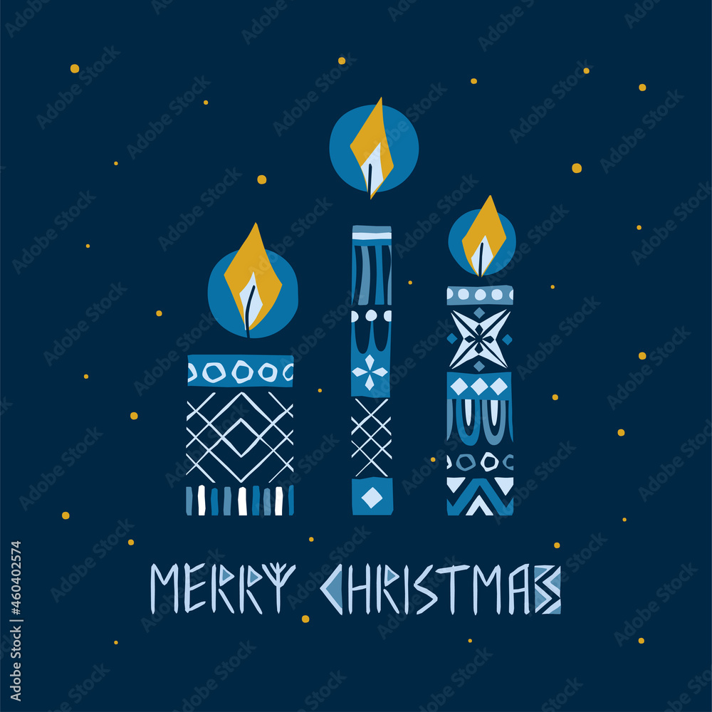 Candles vector illustration in scandinavian folk style with merry christmas text.Good as greeting card, interior or textile print in hygge style Candles vector illustration in scandinavian folk style with merry christmas text.Good as greeting card, interior or textile print in hygge style