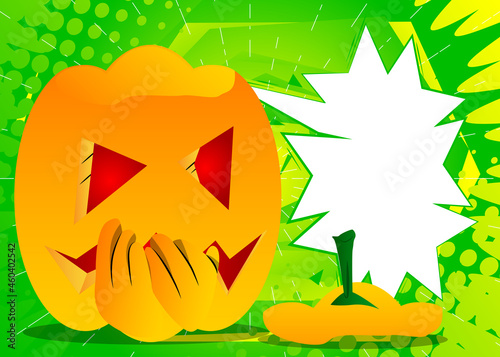 Decorative pumpkin for Halloween with hands over mouth as a cartoon character with face. Vector Illustration.