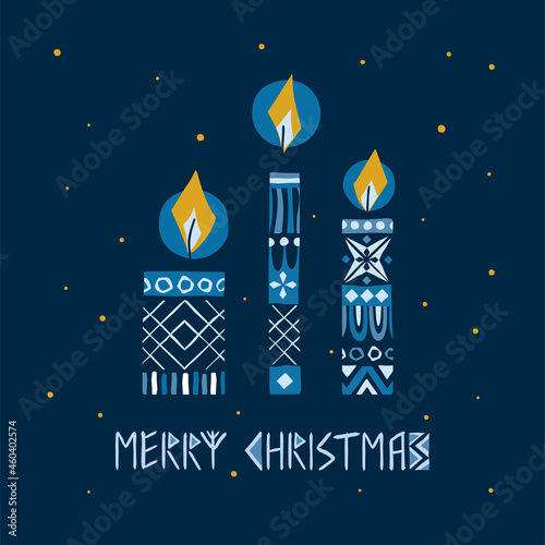 Candles vector illustration in scandinavian folk style with merry christmas text.Good as greeting card, interior or textile print in hygge style 