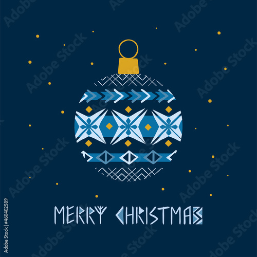 Christmas ball vector illustration in scandinavian minimalist style with folk ornaments and merry chrismas text. Good as greeting card, interior or textile print in hygge style .
