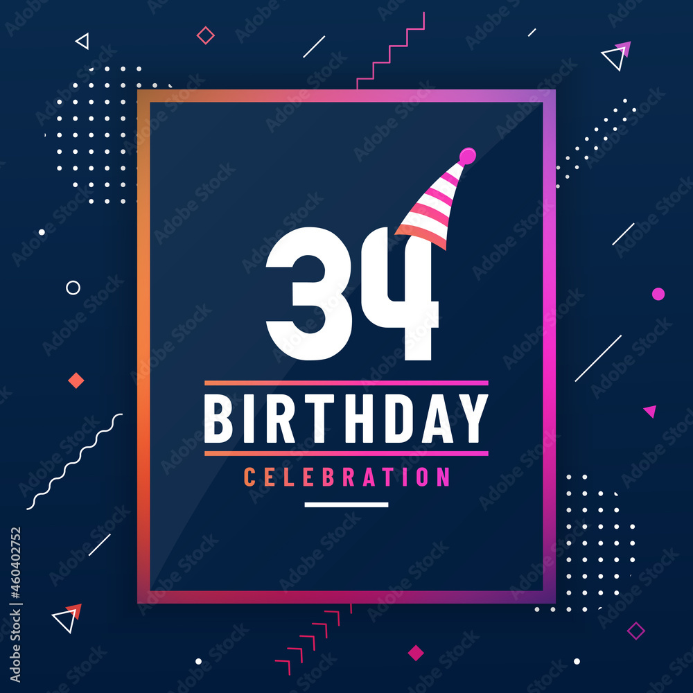 34 years birthday greetings card, 34 birthday celebration background colorful free vector.