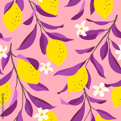 Lemon seamless pattern. Trendy summer background. Vector bright print for fabric or wallpaper.