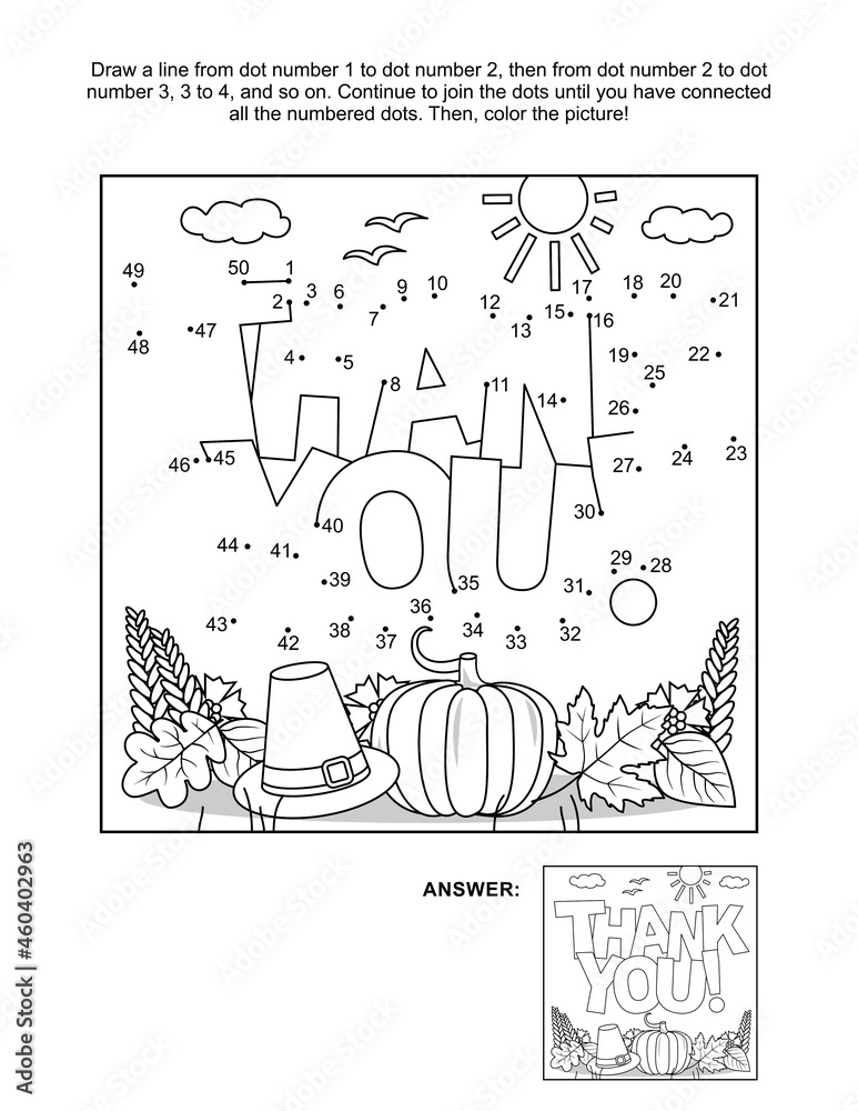 Thanksgiving Day holiday themed dot-to-dot, or connect the dots, else join the dots, picture puzzle and coloring page wth 