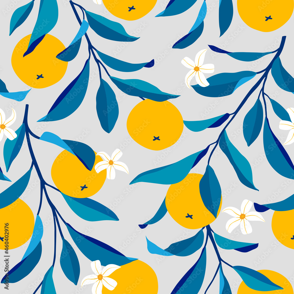 Naklejka premium Seamless pattern with oranges. Trendy summer background. Vector bright print for fabric or wallpaper.