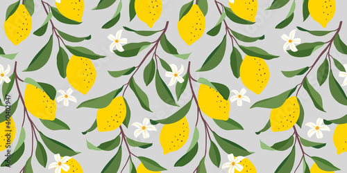 Lemon seamless pattern. Trendy summer background. Vector bright print for fabric or wallpaper.