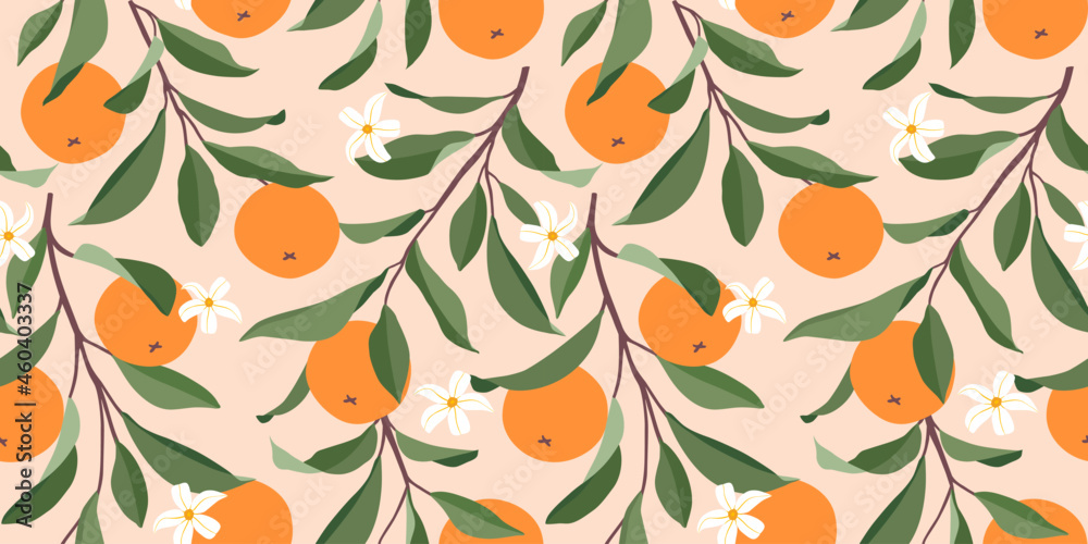 Seamless pattern with oranges. Trendy summer background. Vector bright print for fabric or wallpaper.